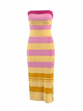 NWT Strapless Pink & Yellow Striped Knit Bodycon Dress Button Slit Size Sm/Med